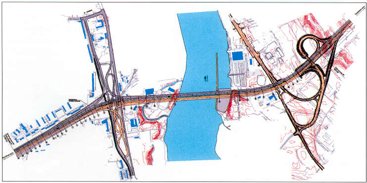 Схема участка КАД с мостом через Неву. Разными цветами показаны очереди строительства