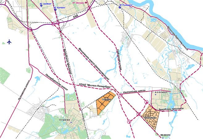 Схема развития дорог к юго-востоку от Петербурга